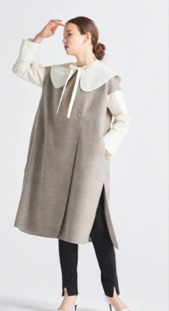 yori チェックロングジレ ブラウン