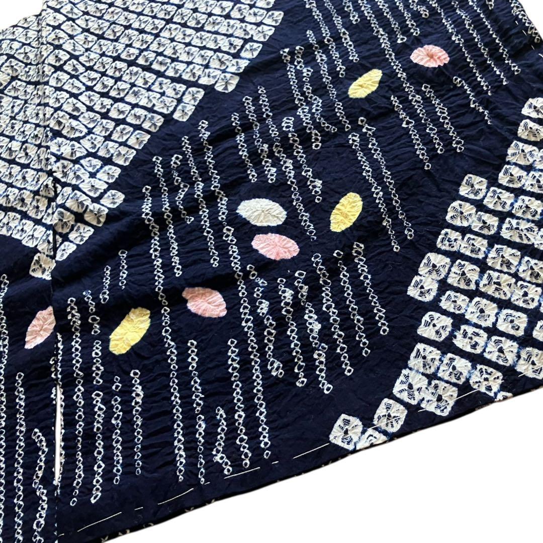 有松鳴海絞り 浴衣 未使用品 綿 バチ衿 夏着物　ネイビー 紺色 しつけ糸 逸品