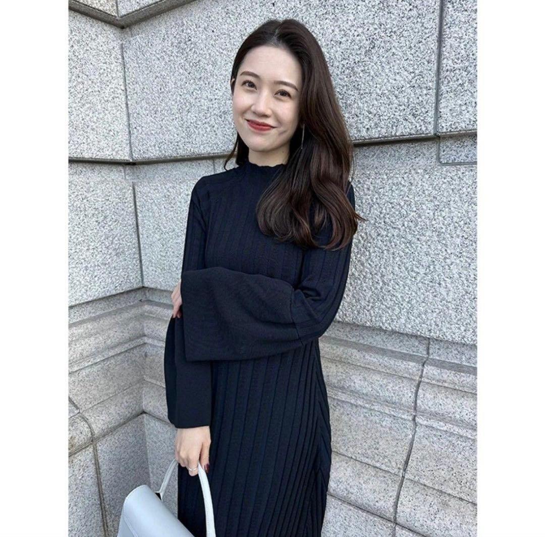 anuans ベルスリーブリブワンピース ネイビー ニット