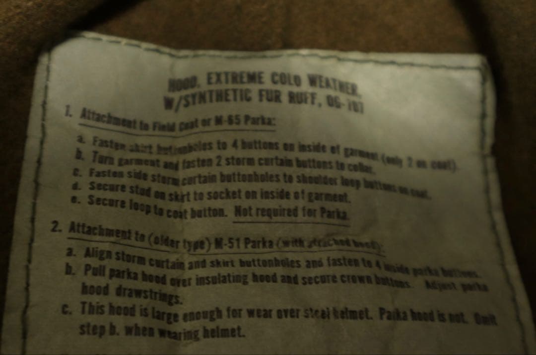 ステンシル入り 米軍実物 M-65 フィッシュテール用 フード 1984年