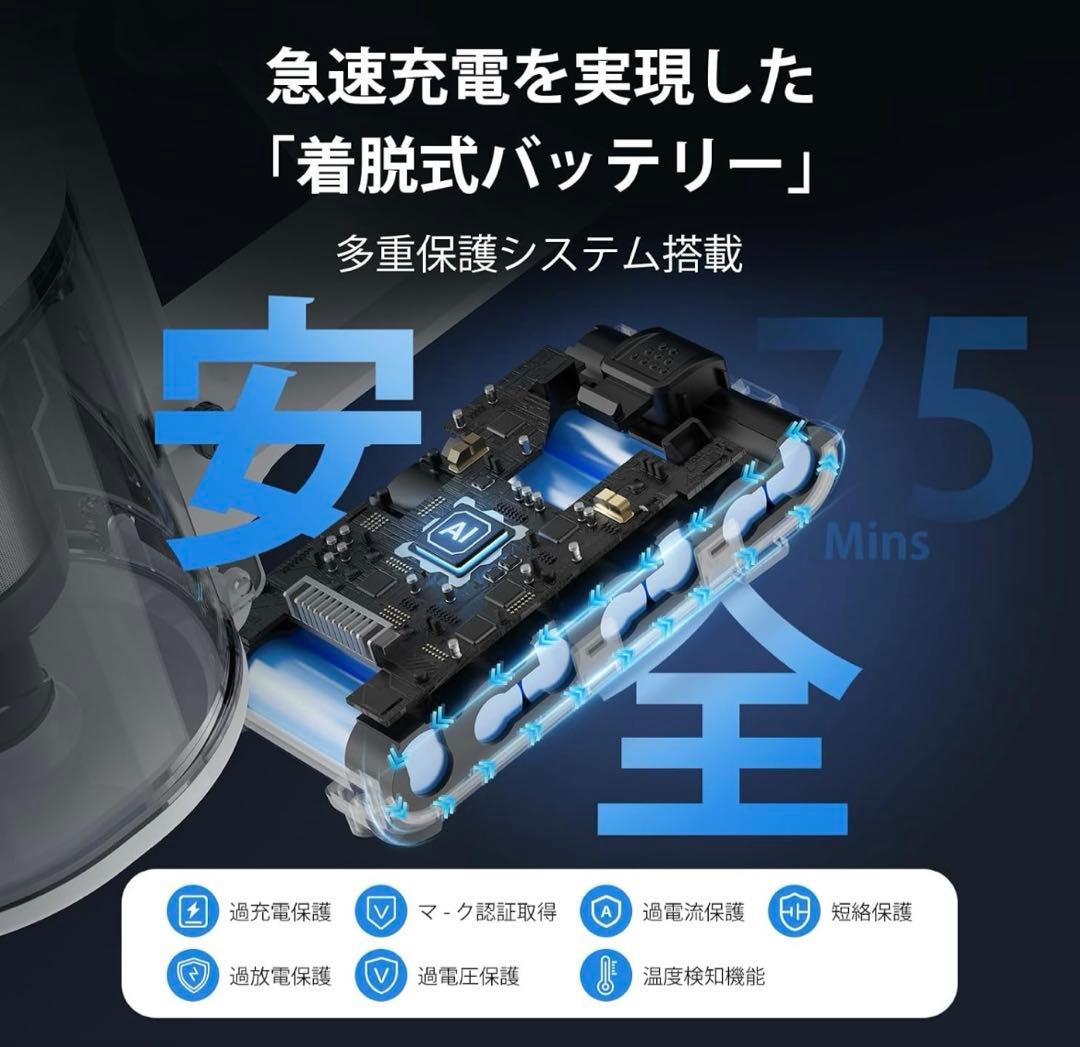 掃除機 コードレス 除菌機能搭載 75Kpa真超強力吸引 置くだけ充電スタンド