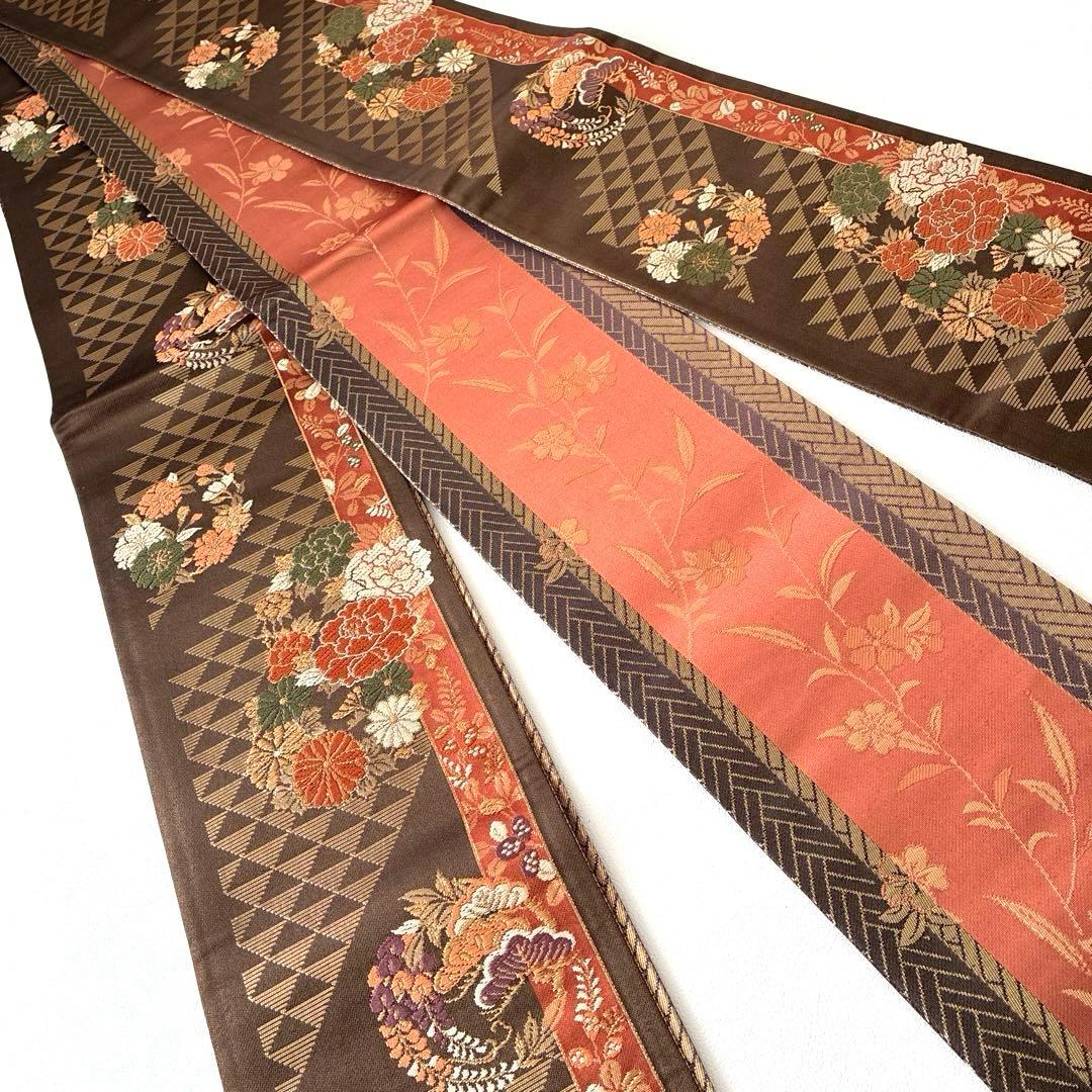 477半幅帯 小袋帯 長尺 正絹 西陣織 焦げ茶色 金通し豪華絢爛 小紋 着物