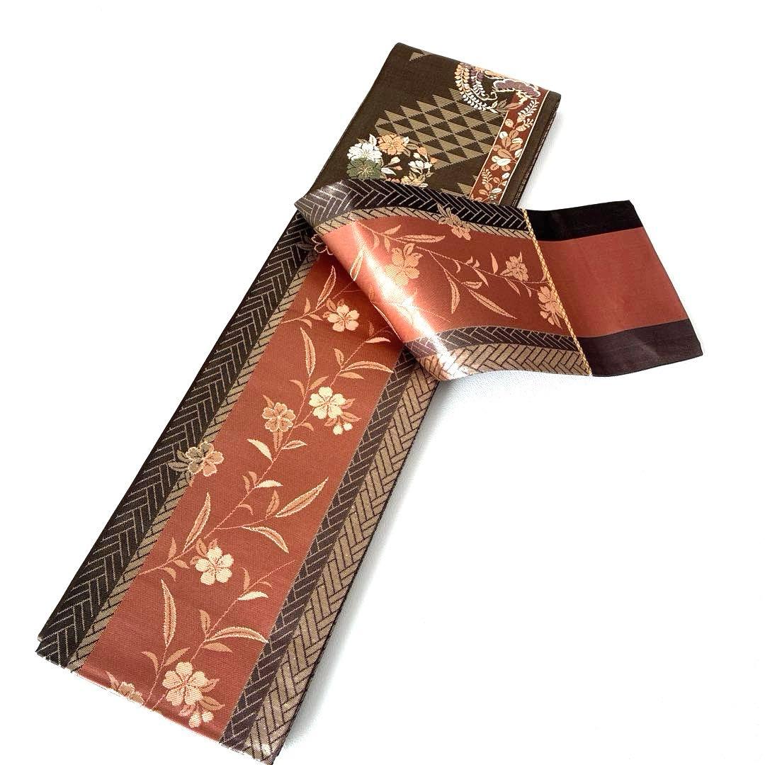 477半幅帯 小袋帯 長尺 正絹 西陣織 焦げ茶色 金通し豪華絢爛 小紋 着物
