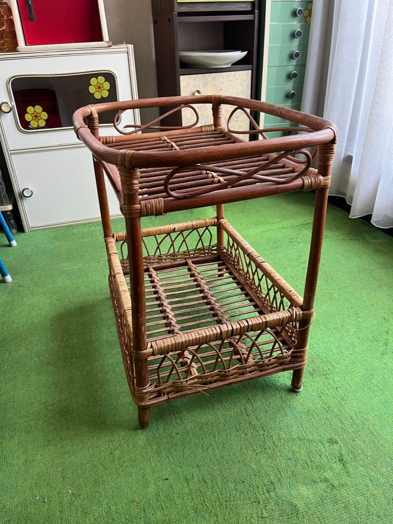 龍＊ラタン 籐 2段バスケット ランドリーバスケット 脱衣カゴ 昭和レトロ