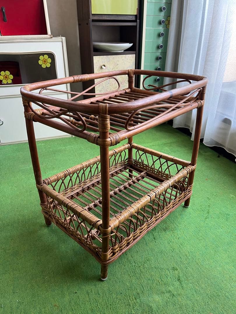 龍＊ラタン 籐 2段バスケット ランドリーバスケット 脱衣カゴ 昭和レトロ