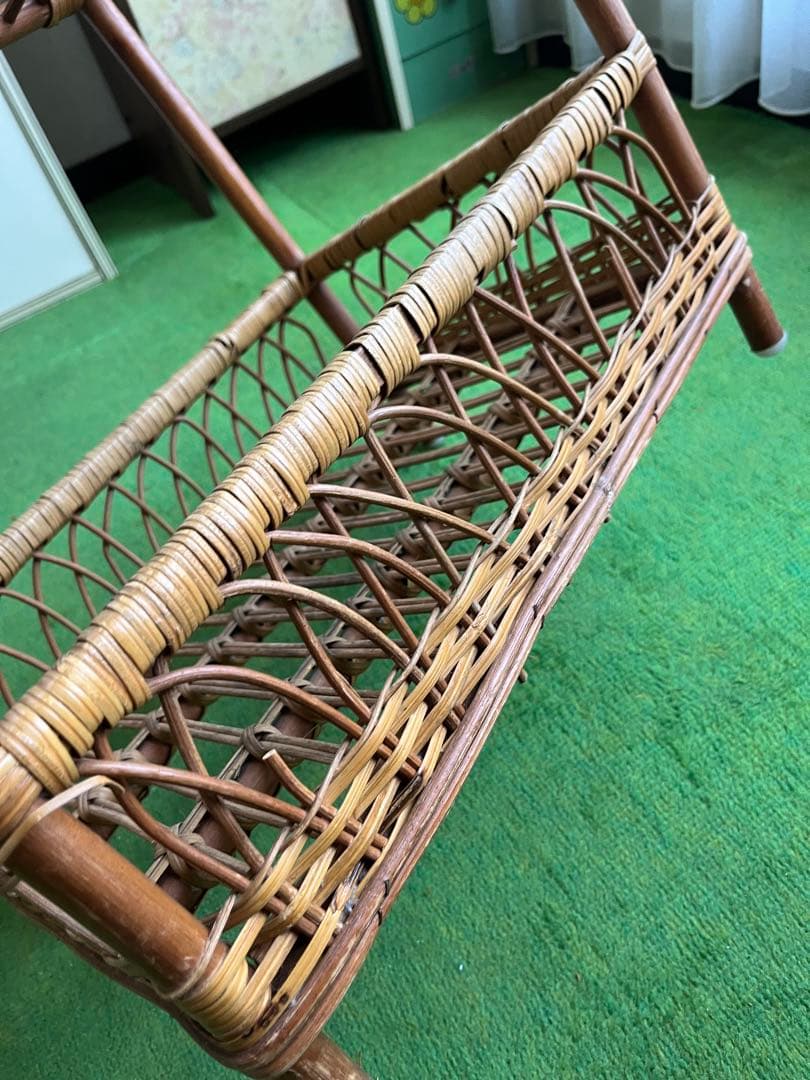 龍＊ラタン 籐 2段バスケット ランドリーバスケット 脱衣カゴ 昭和レトロ