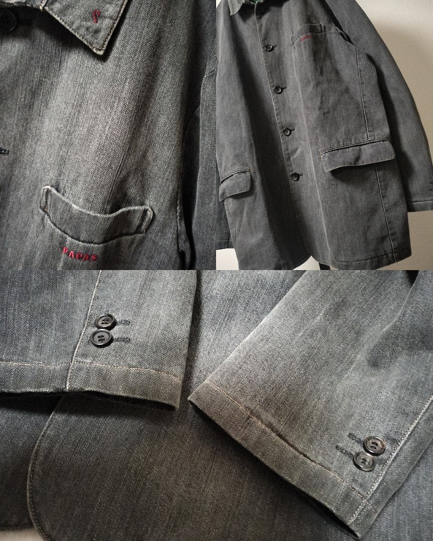 パパス/リネン混デニムカバーオール裏地南国プリント総柄ロゴ刺繍ゆったりシルエット