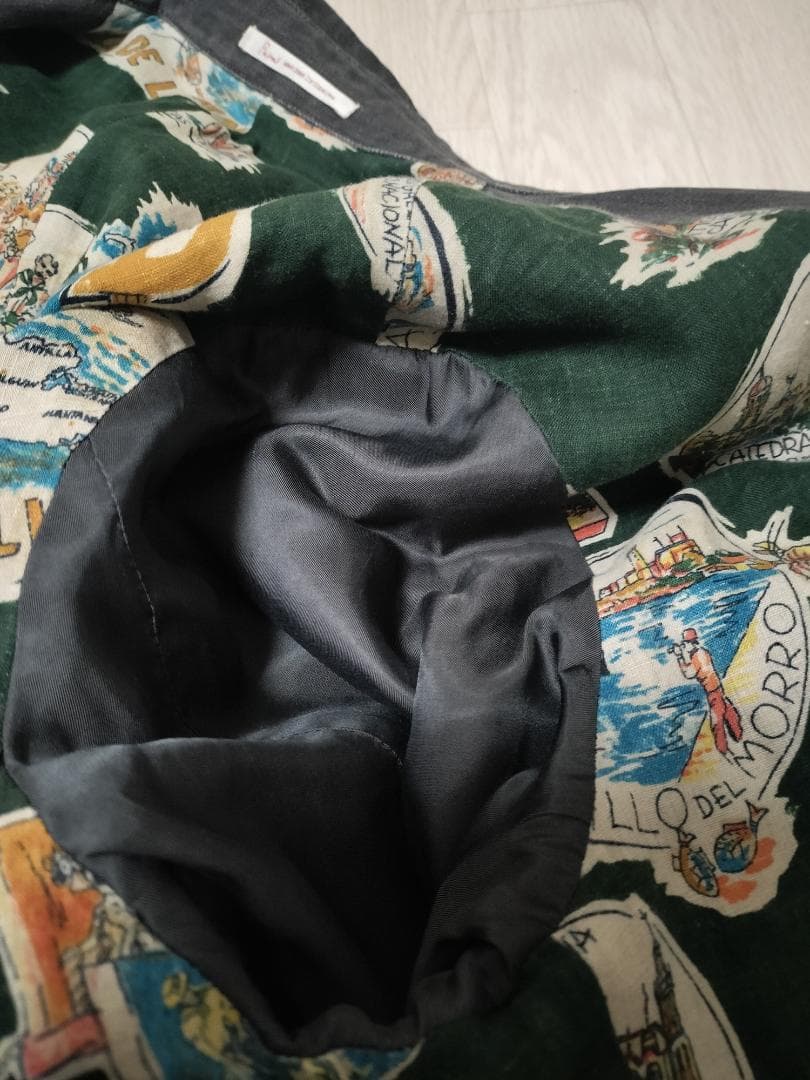 パパス/リネン混デニムカバーオール裏地南国プリント総柄ロゴ刺繍ゆったりシルエット