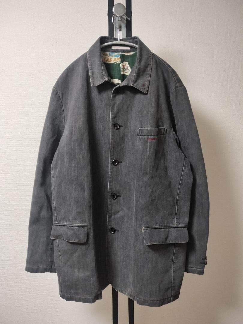 パパス/リネン混デニムカバーオール裏地南国プリント総柄ロゴ刺繍ゆったりシルエット