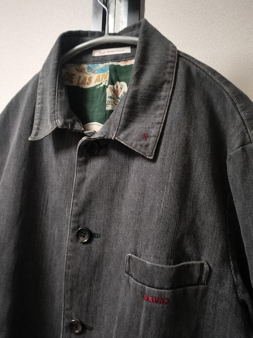 パパス/リネン混デニムカバーオール裏地南国プリント総柄ロゴ刺繍ゆったりシルエット