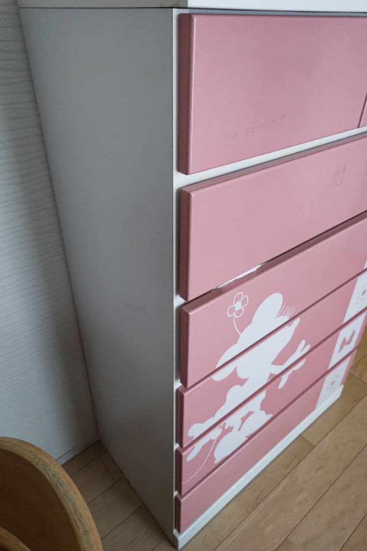ディズニー　ミッキーミニー　タンス　キッズチェスト 5段 ピンクホワイト引き出し