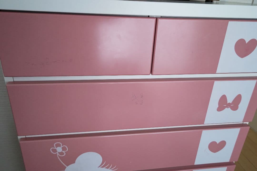 ディズニー　ミッキーミニー　タンス　キッズチェスト 5段 ピンクホワイト引き出し