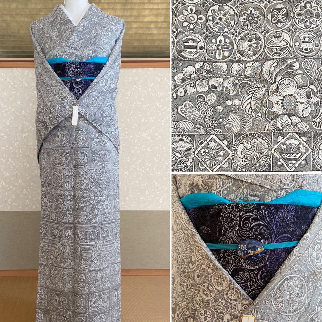 未使用しつけ付き☆天目織　お召し　花や鳥模様　着物（袷）ラスト！