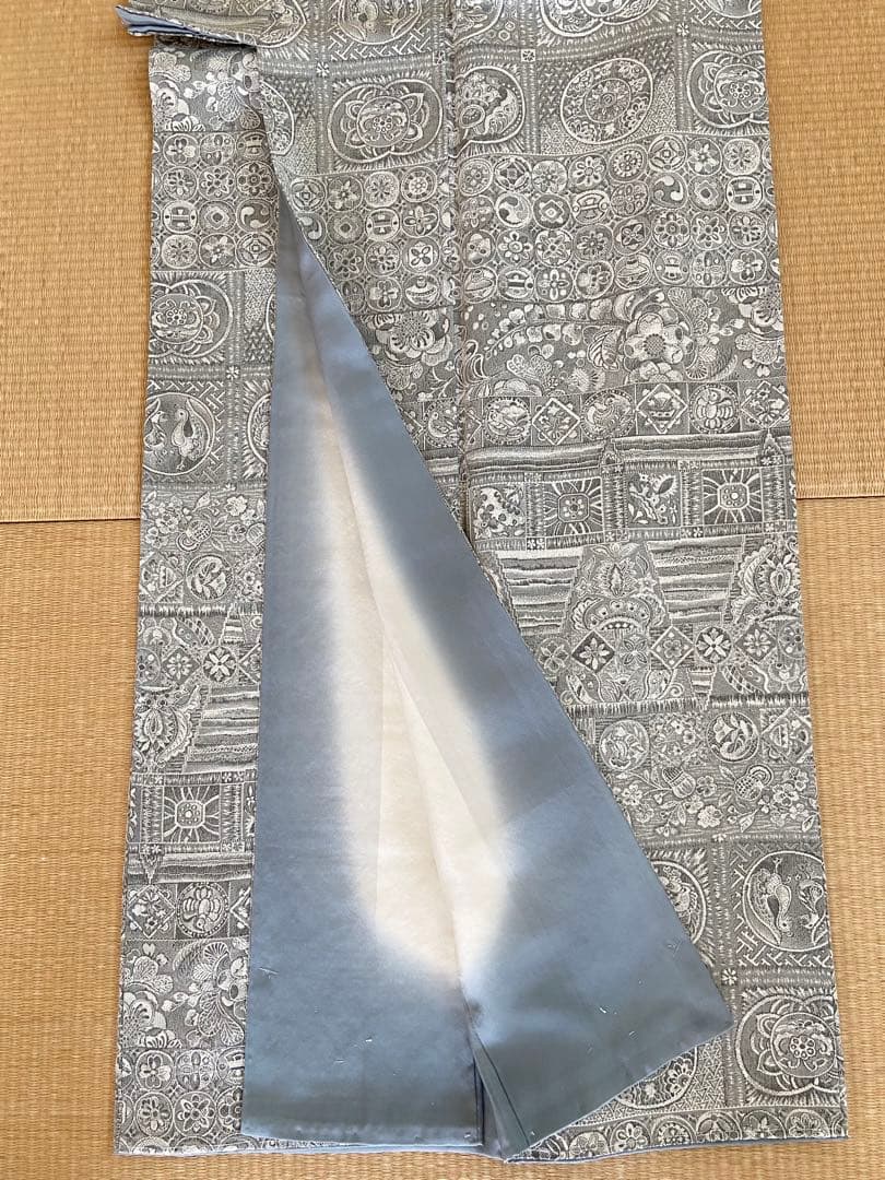 未使用しつけ付き☆天目織　お召し　花や鳥模様　着物（袷）ラスト！