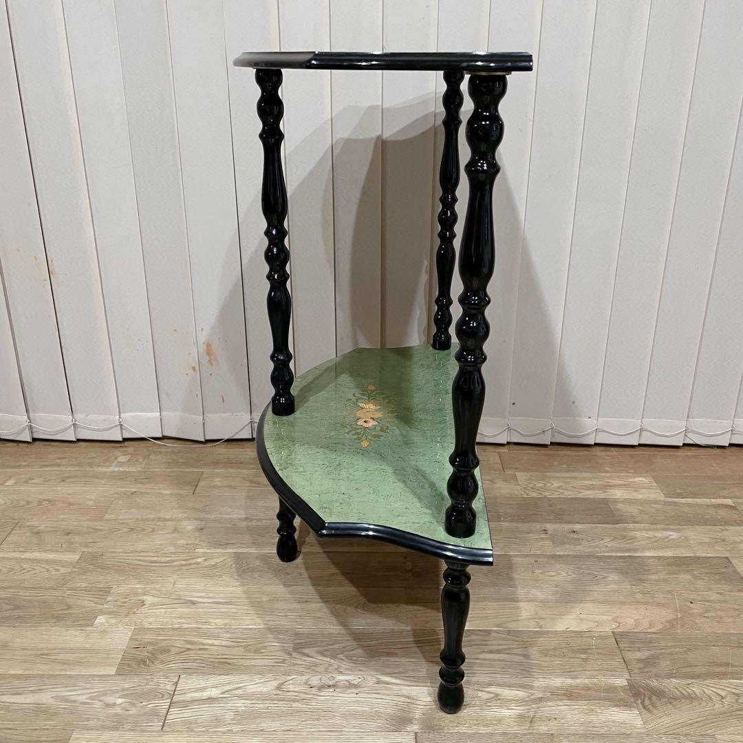 イタリア製　ビンテージ　コンソール　テーブル　象嵌　花柄　装飾　半月型　木製　緑