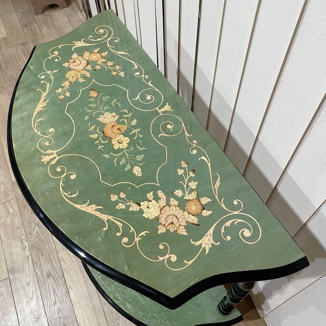 イタリア製　ビンテージ　コンソール　テーブル　象嵌　花柄　装飾　半月型　木製　緑