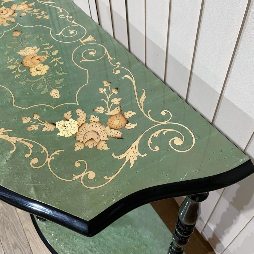 イタリア製　ビンテージ　コンソール　テーブル　象嵌　花柄　装飾　半月型　木製　緑
