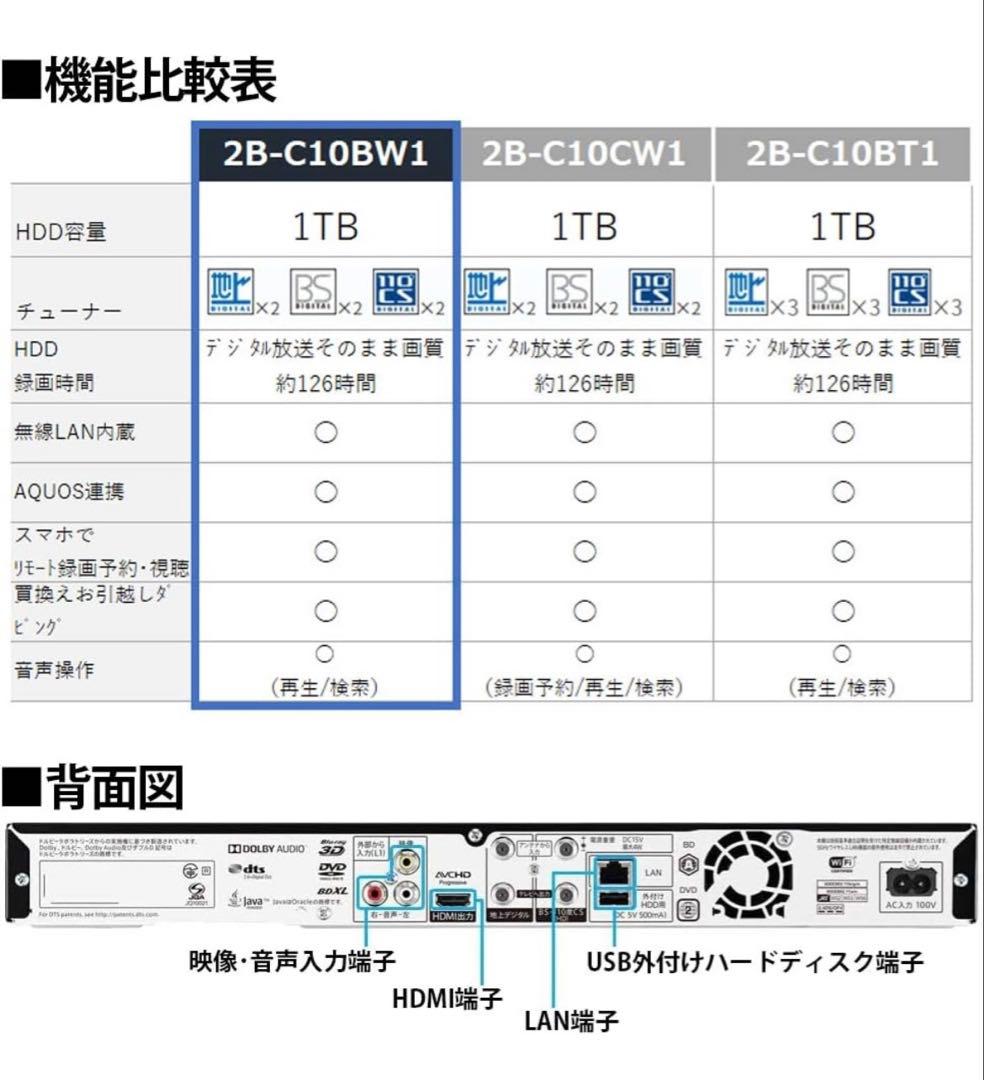 美品　SHARP AQUOS 2B-C10BW1 1TB ブルーレイレコーダー