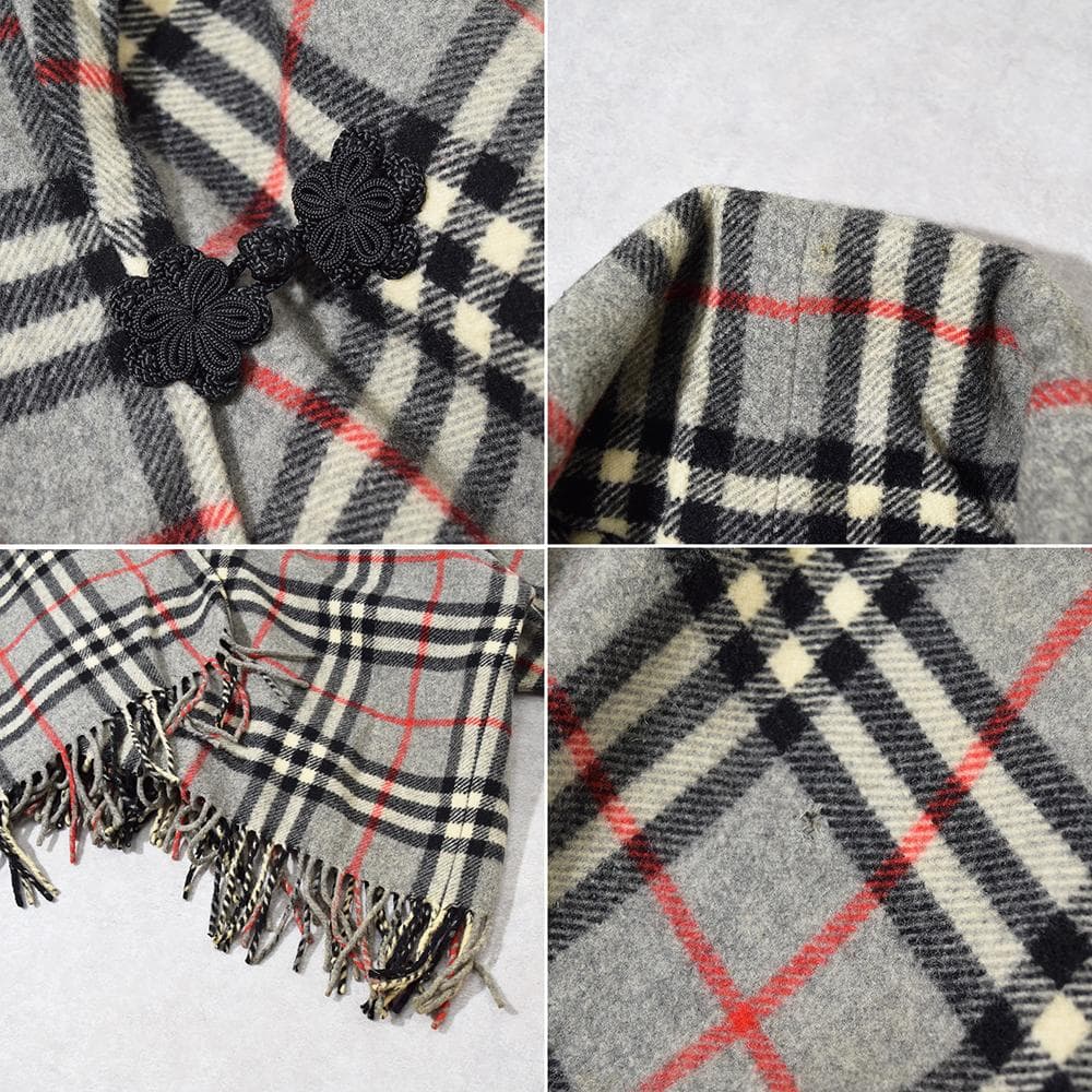 90s Burberrys ウール ノバチェック ポンチョ フリンジ チャイナ釦