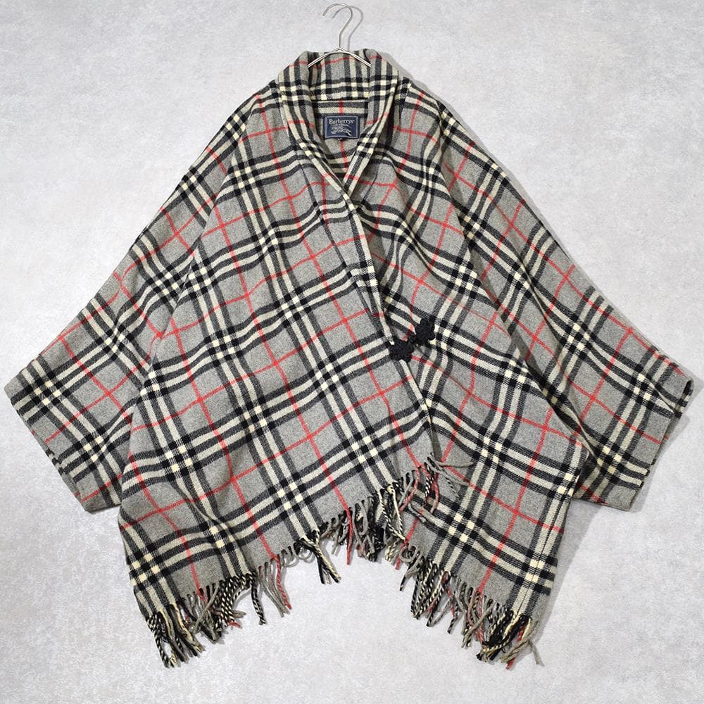 90s Burberrys ウール ノバチェック ポンチョ フリンジ チャイナ釦
