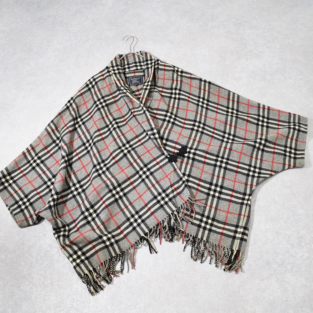 90s Burberrys ウール ノバチェック ポンチョ フリンジ チャイナ釦