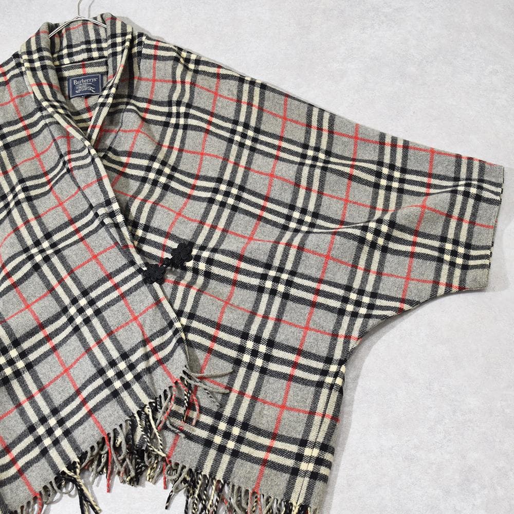 90s Burberrys ウール ノバチェック ポンチョ フリンジ チャイナ釦