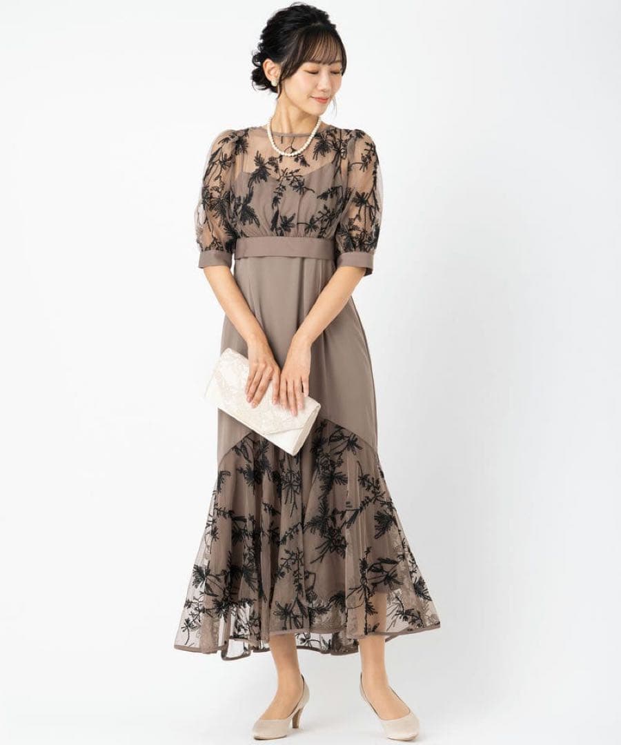 【新品】ドリードール 結婚式 バイカラーエンブロイダリーセットドレス　モカ/M