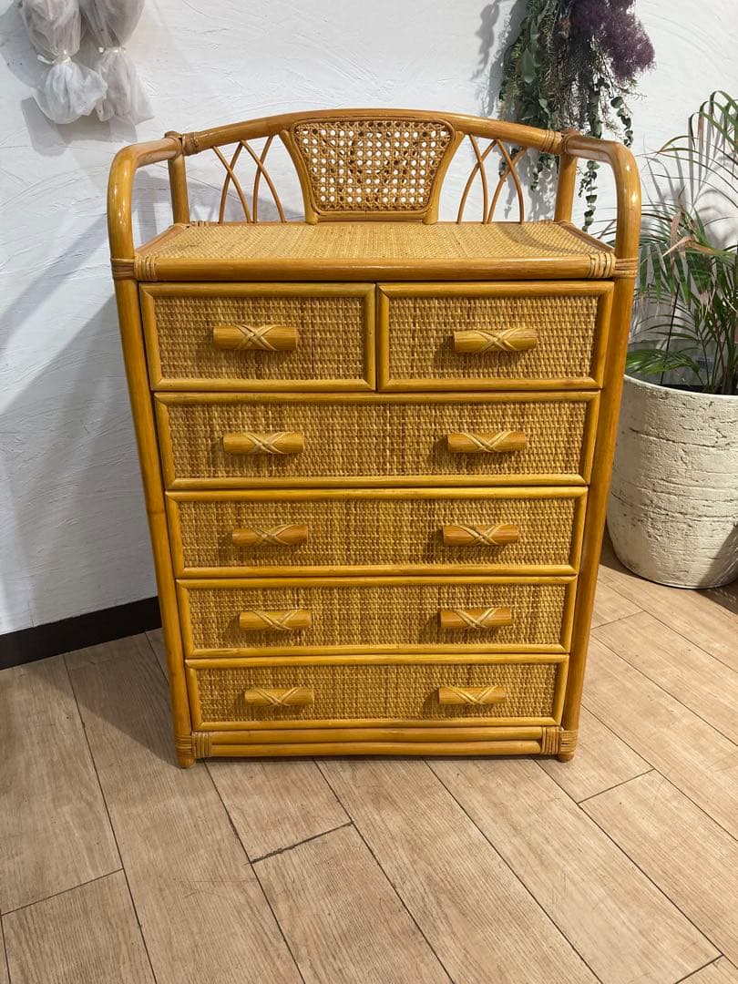 ラタン籐チェスト 家具 5段 タンス　レトロ アンティーク
