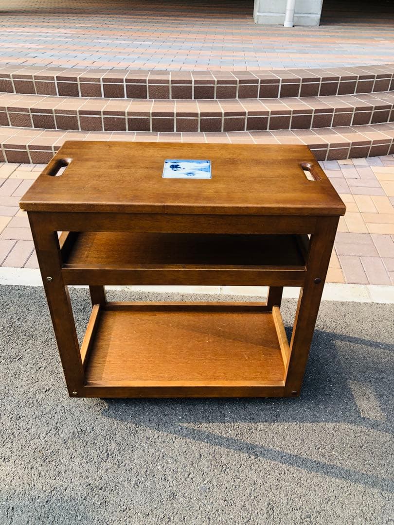 可愛い　木製キッチンワゴン 2段棚付き　石タイル