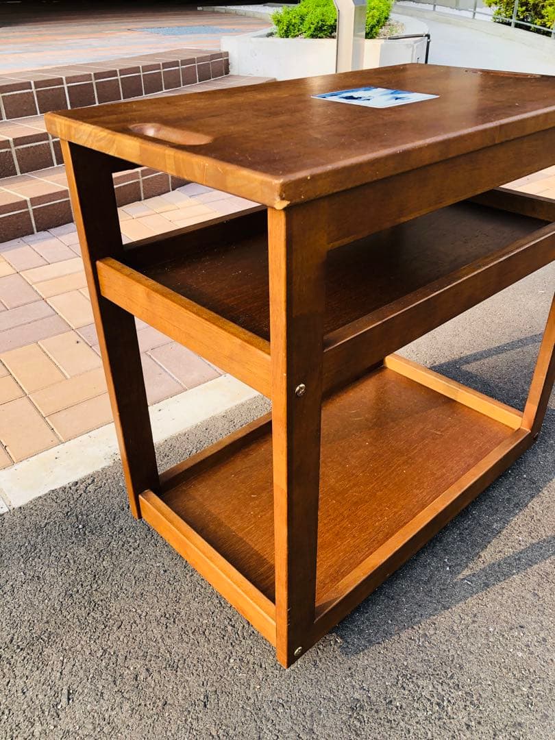 可愛い　木製キッチンワゴン 2段棚付き　石タイル