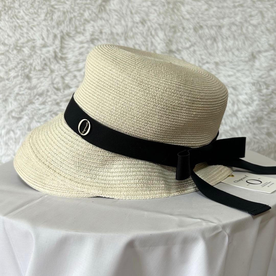 新品タグ付き✨シャポードオー リボン 麦わら帽子 UVカット 白 ホワイト