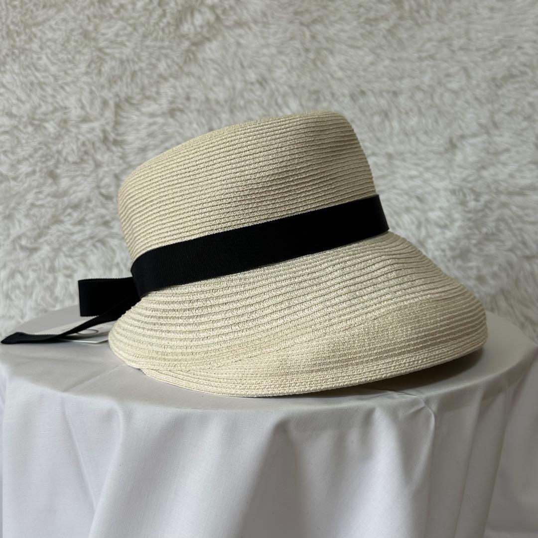 新品タグ付き✨シャポードオー リボン 麦わら帽子 UVカット 白 ホワイト