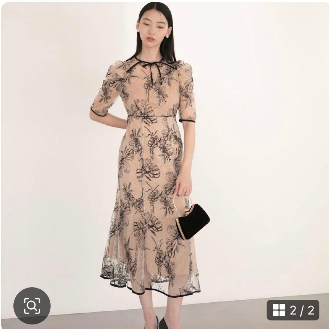 Leja 半袖花柄刺繍レースマーメイドフレアロングワンピース