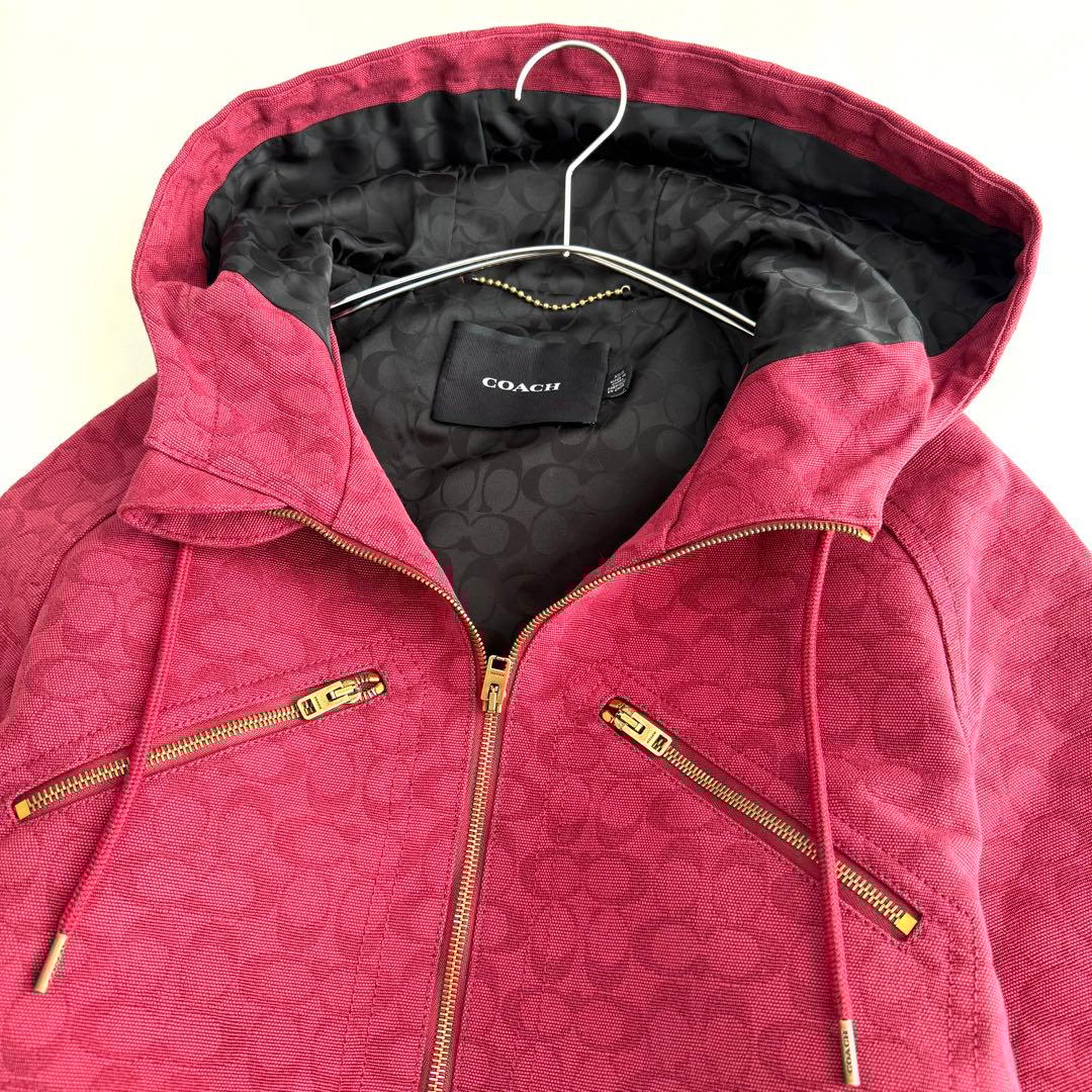 【COACH】コットンジャガードジャケット　シグネチャー　レッド　Lサイズ相当
