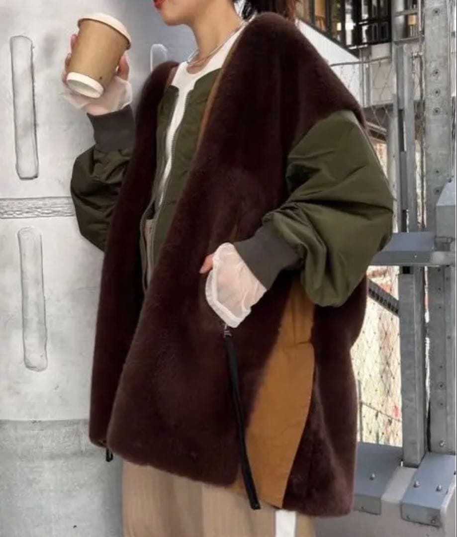 美品　【etsinta/エシンタ】ファー切替ジャケット　ブラウン