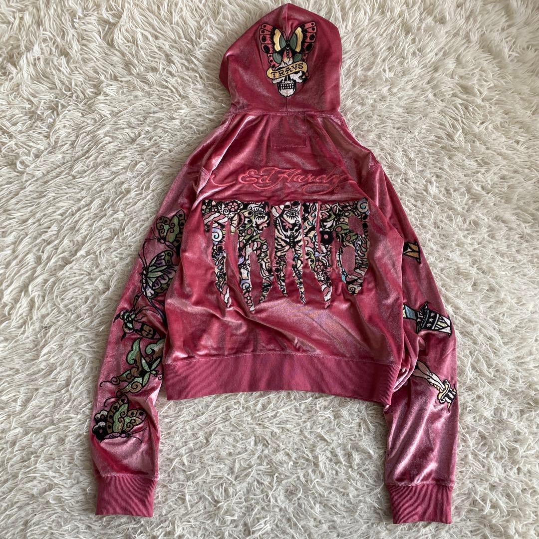 エドハーディ　パーカー　トラヴィス　ベロアセットアップ　ピンク