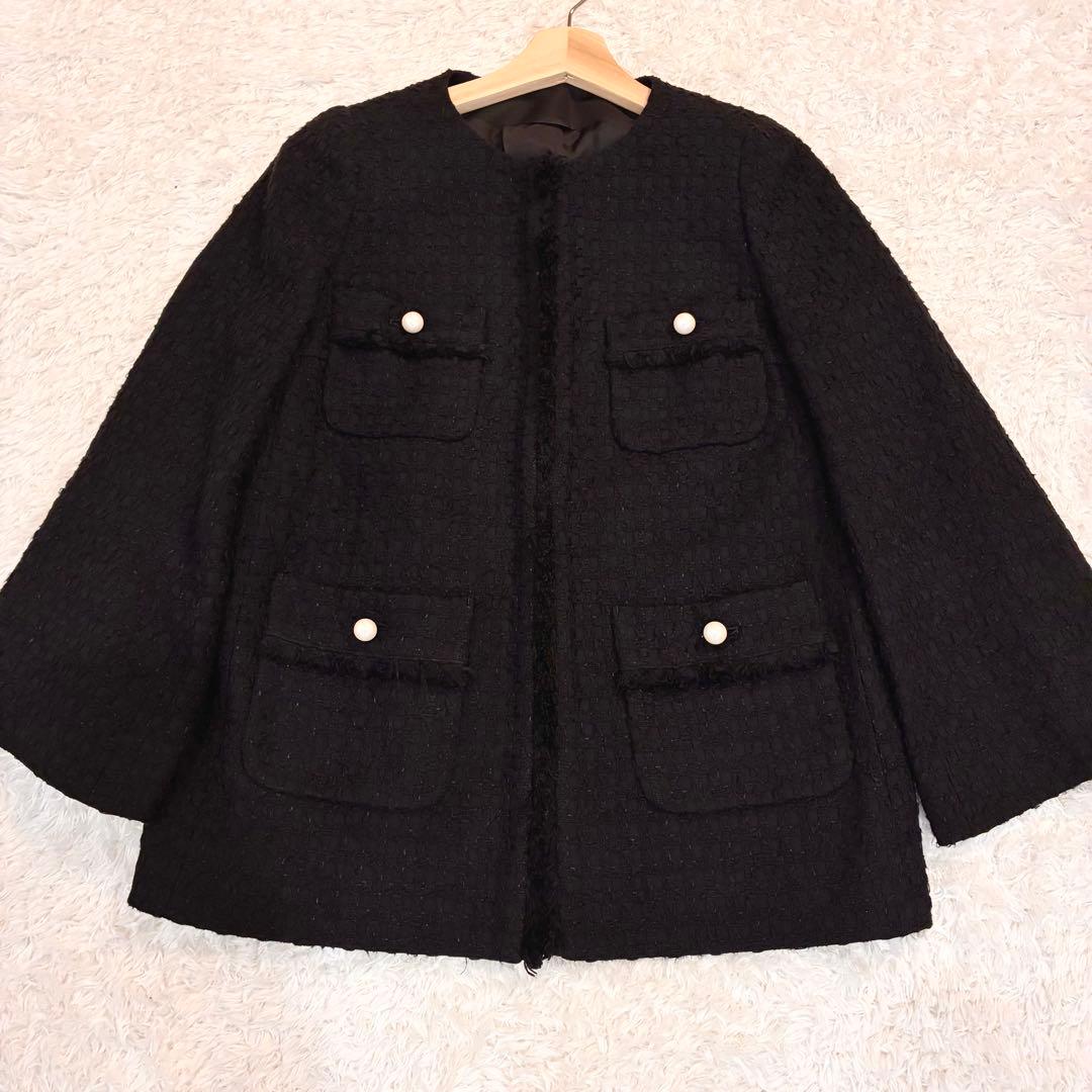 ANAYI ミックスツイード ノーカラー ハーフジャケット パールボタン 黒