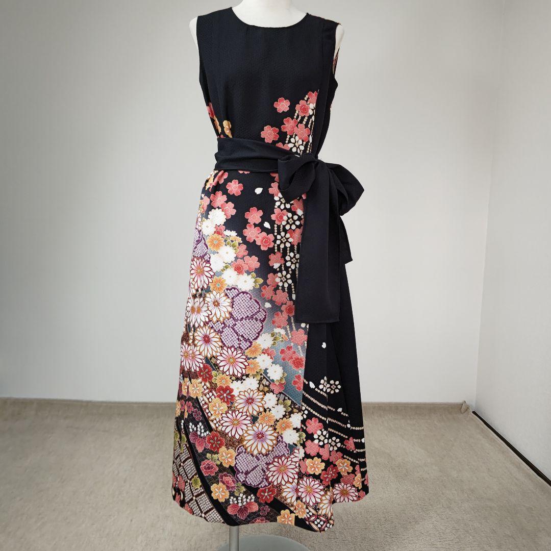 zunezune 振袖ドレス ノースリーブ 着物リメイクワンピース 黒