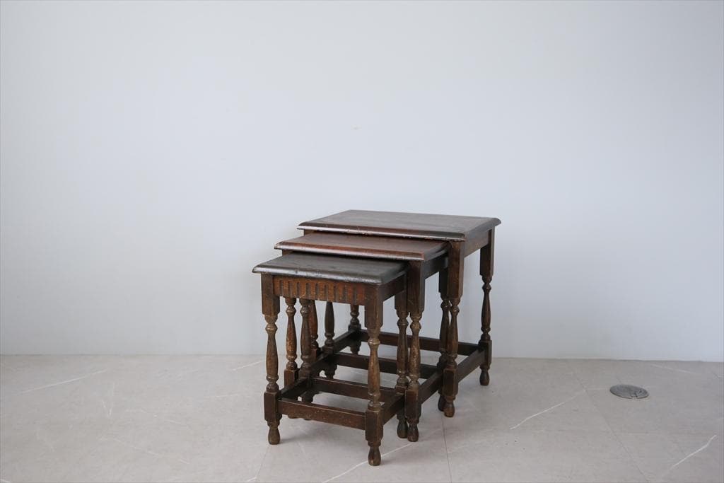 英国アンティーク木製ネストテーブル3台/収納式机サイドテーブル飾り棚(84-45