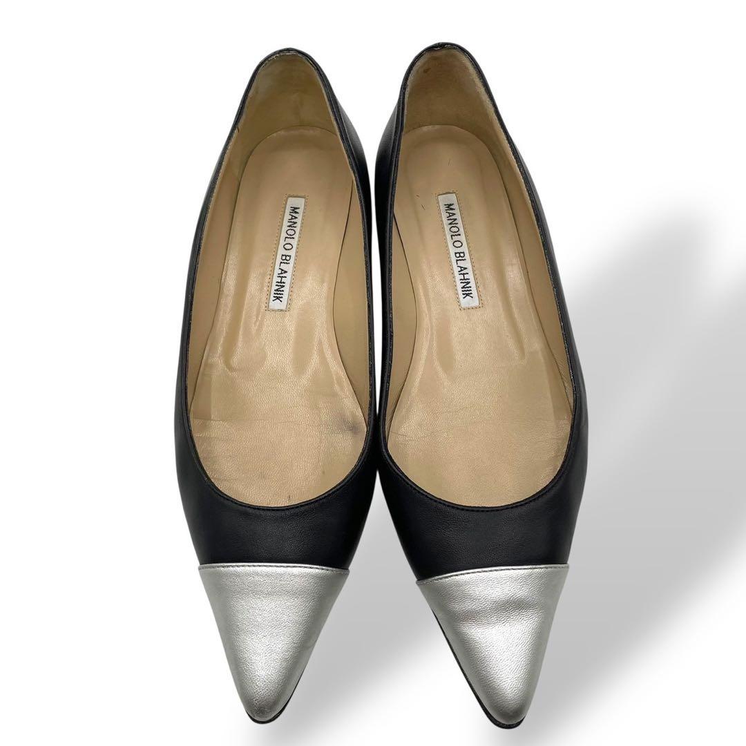 極美品　マノロブラニク　フラットシューズ　レザー　黒　シルバー　24cm