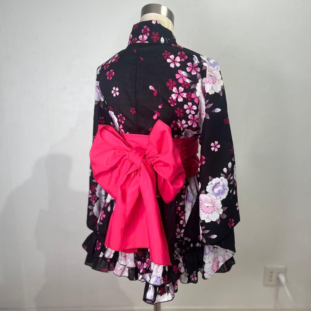 浴衣ドレス 黒ピンク 兵児帯セット 地雷ギャル 平成ギャル
