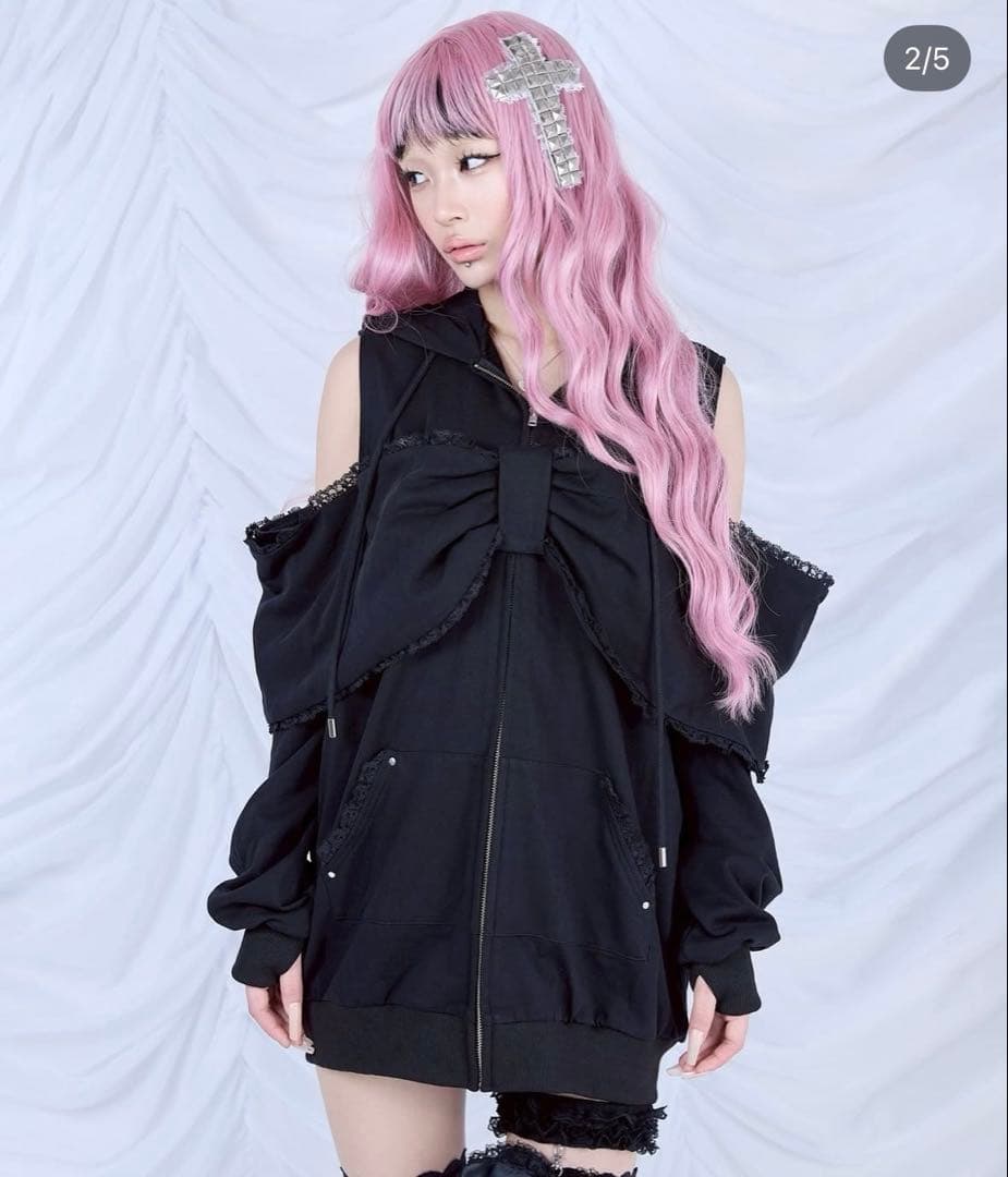 avenchumu リボン肩出しジップパーカー ブラック