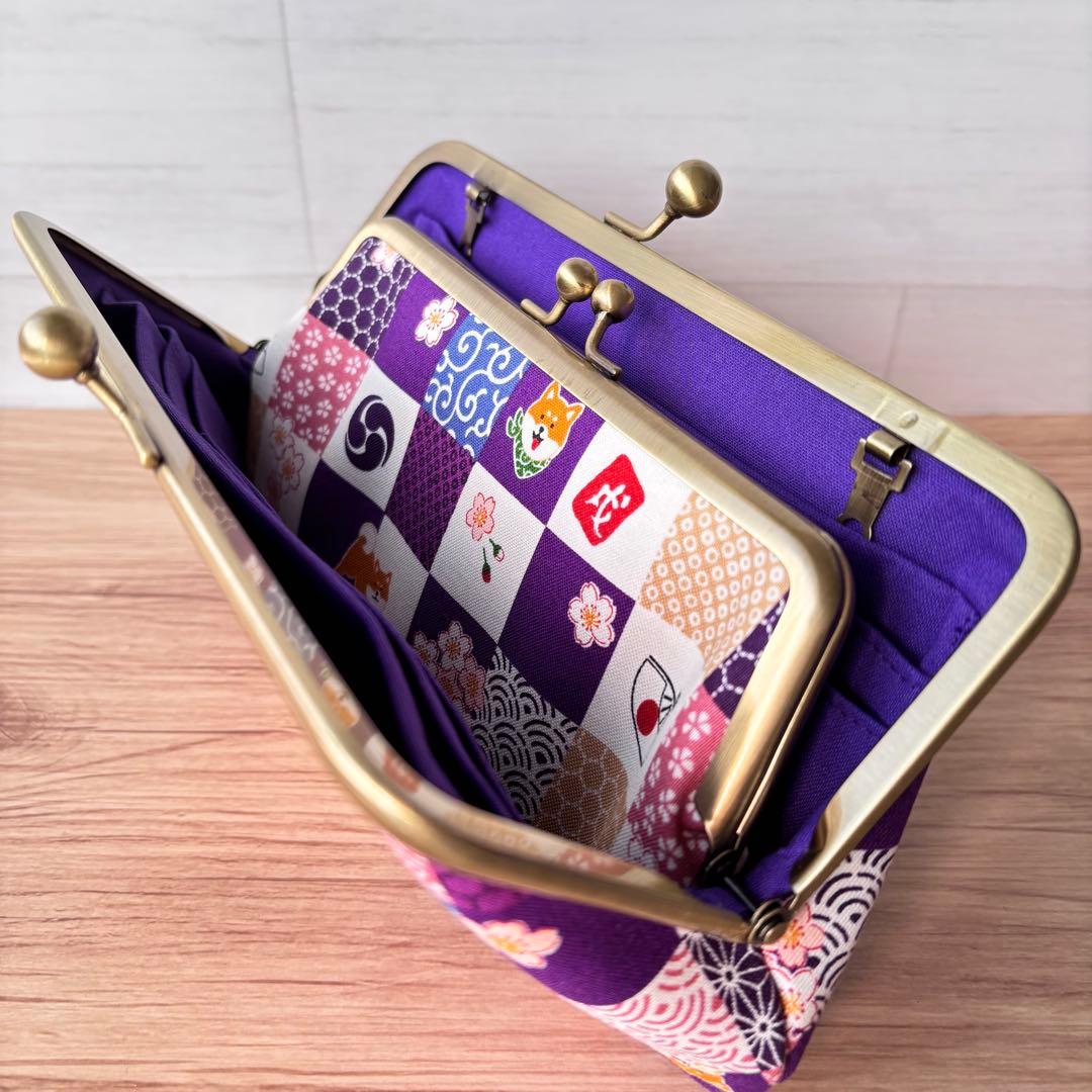 和風 柴犬柄 がま口長財布｜癒し系デザイン・カード収納たっぷり・ハンドメイド