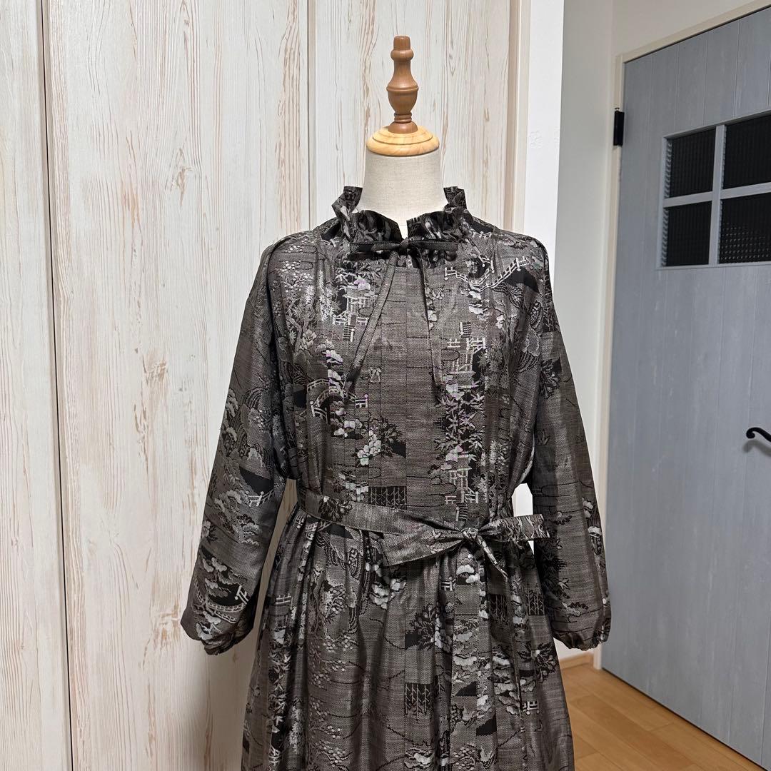 着物リメイク 大島紬(9マルキ)からピンタックの襟ギャザーワンピース(L)