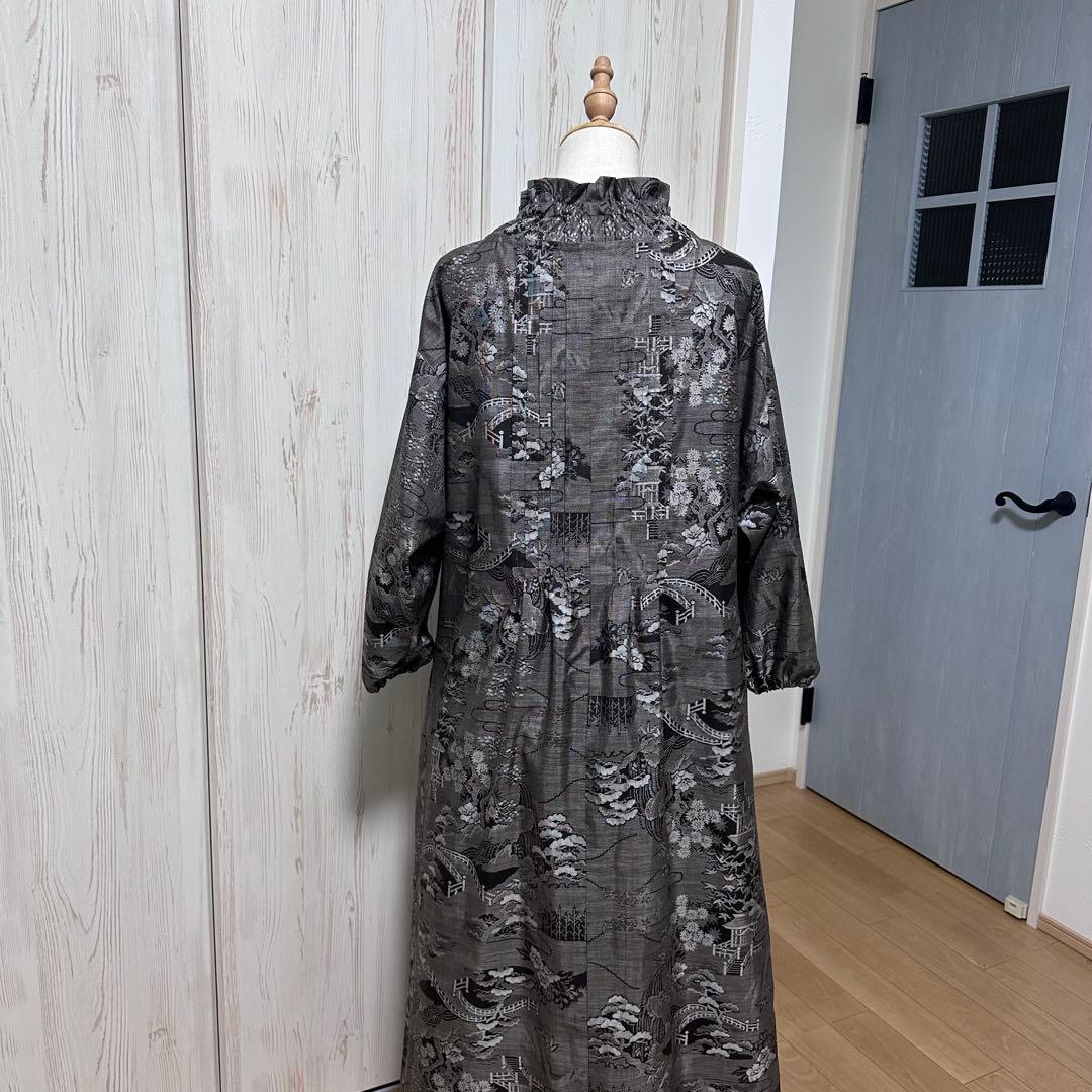 着物リメイク 大島紬(9マルキ)からピンタックの襟ギャザーワンピース(L)