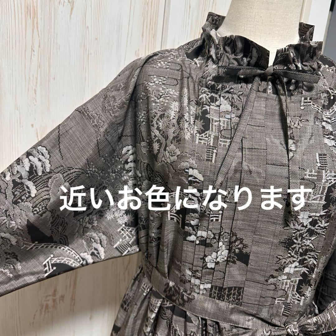 着物リメイク 大島紬(9マルキ)からピンタックの襟ギャザーワンピース(L)