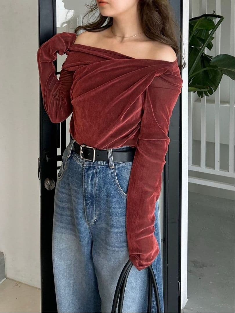 ☆人気完売☆フレイアイディー／アシメデコルテフロッキーチュールトップスRED新品