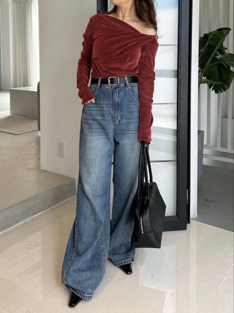 ☆人気完売☆フレイアイディー／アシメデコルテフロッキーチュールトップスRED新品