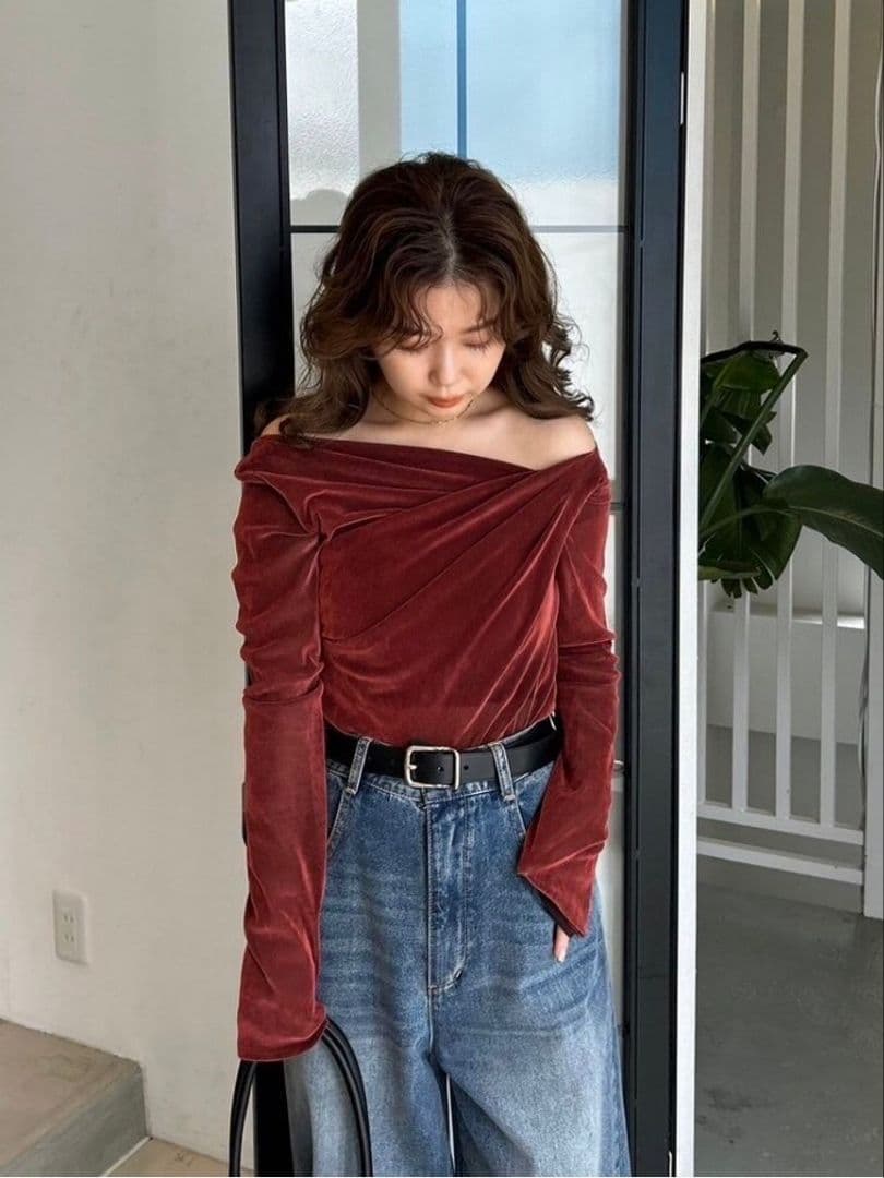 ☆人気完売☆フレイアイディー／アシメデコルテフロッキーチュールトップスRED新品