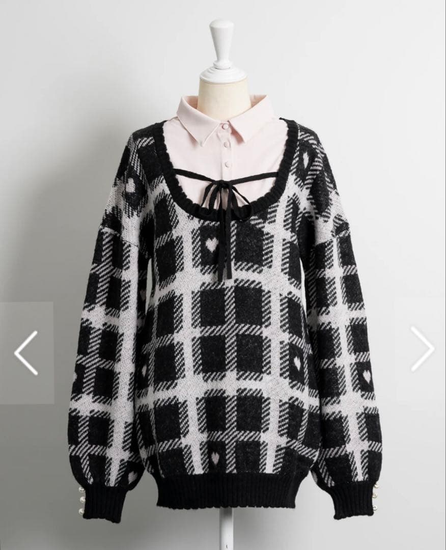 pium ハートチェックレイヤードニットワンピース ブラック